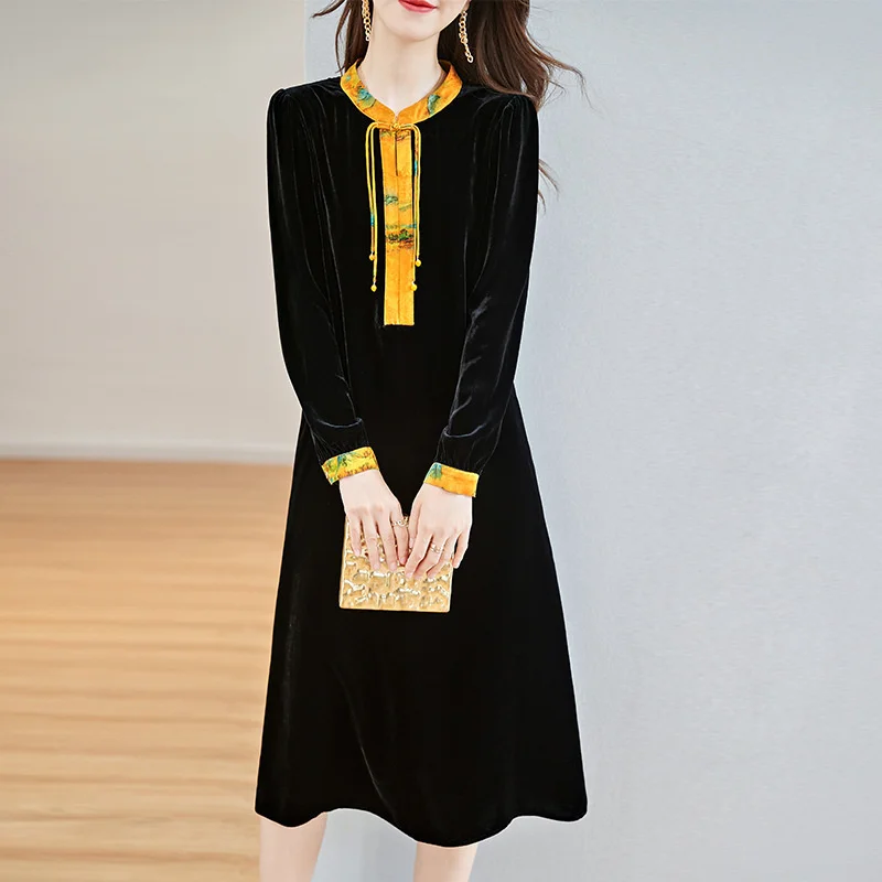 

Женское шелковое платье, шелковое бархатное платье, новая одежда для весны и осени 2023 года, яркое благородное и зарубежное, элегантное женск...