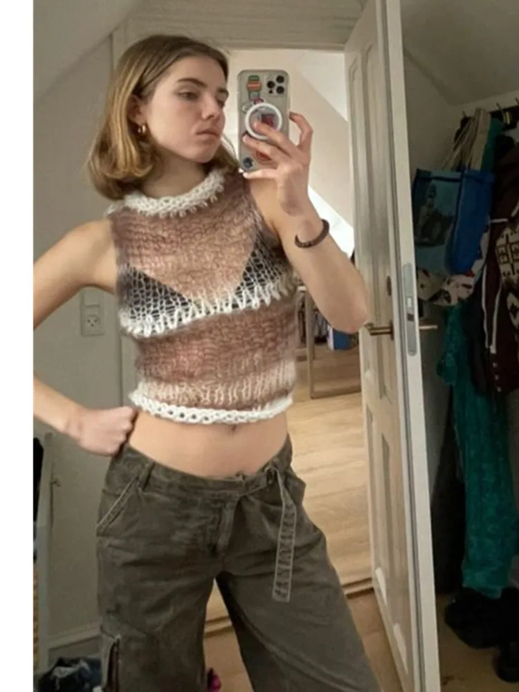 Y2K Clothes Contrast Color Sweater Sleeveless Hollow Out Crochet Blouse Crop Top Women 2022 Summer New Sexy Fashion Street Vest |