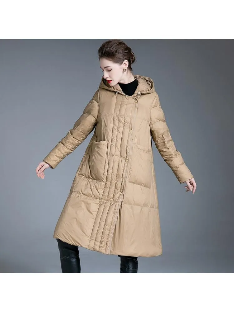 2022 Winter New Large A- Shaped Hooded Padded Thicked Long Black 90 White Duck Down Coats Women Loose Warmer Jackets