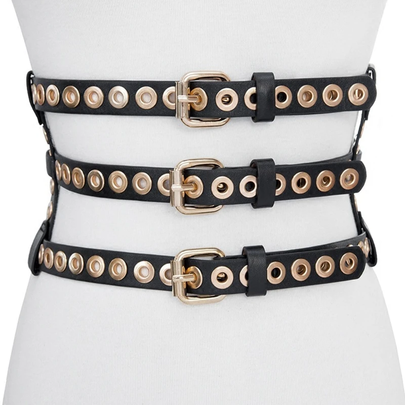 

Women Metallic Style PU Leather Waist Belt with Adjustable Golden Hole Belts