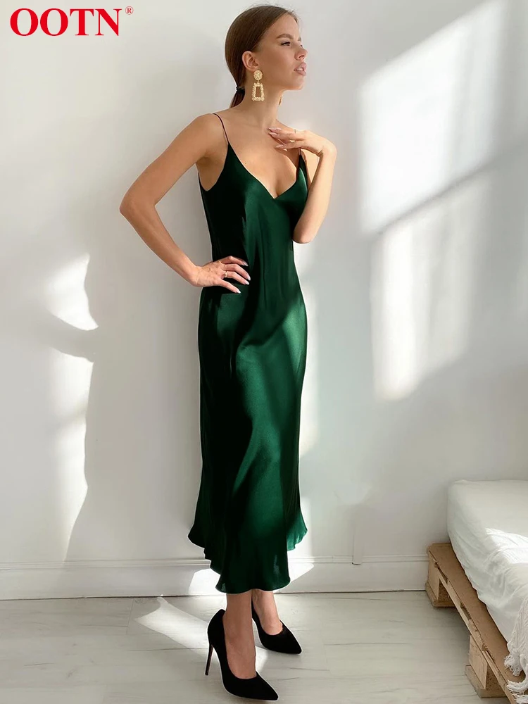 

Женское атласное платье на тонких бретельках OOTN, длинное платье с v-образным вырезом и вечерние, Вечернее Летнее зеленое платье с высокой та...