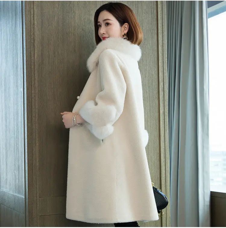 Autumn  winter 2022 faux lamb fur coat women's medium long fox fur collar cashmere faux fur coat