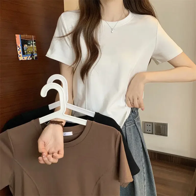 Лето 2024 новая женская облегающая футболка с короткими рукавами и круглым вырезом