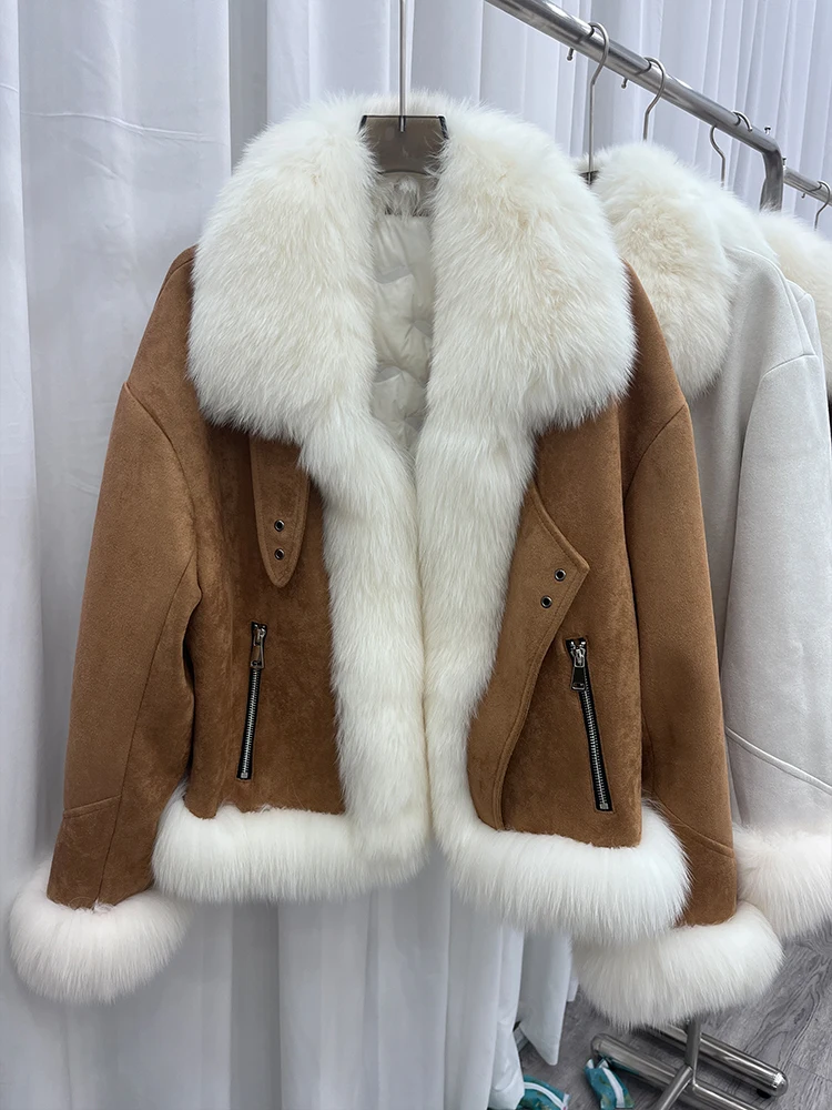 

2023 New Fashion Winter Natural Fox Fur Collar Goose Down Coat Womens Loose Luxury Puffer Jackets Clothing