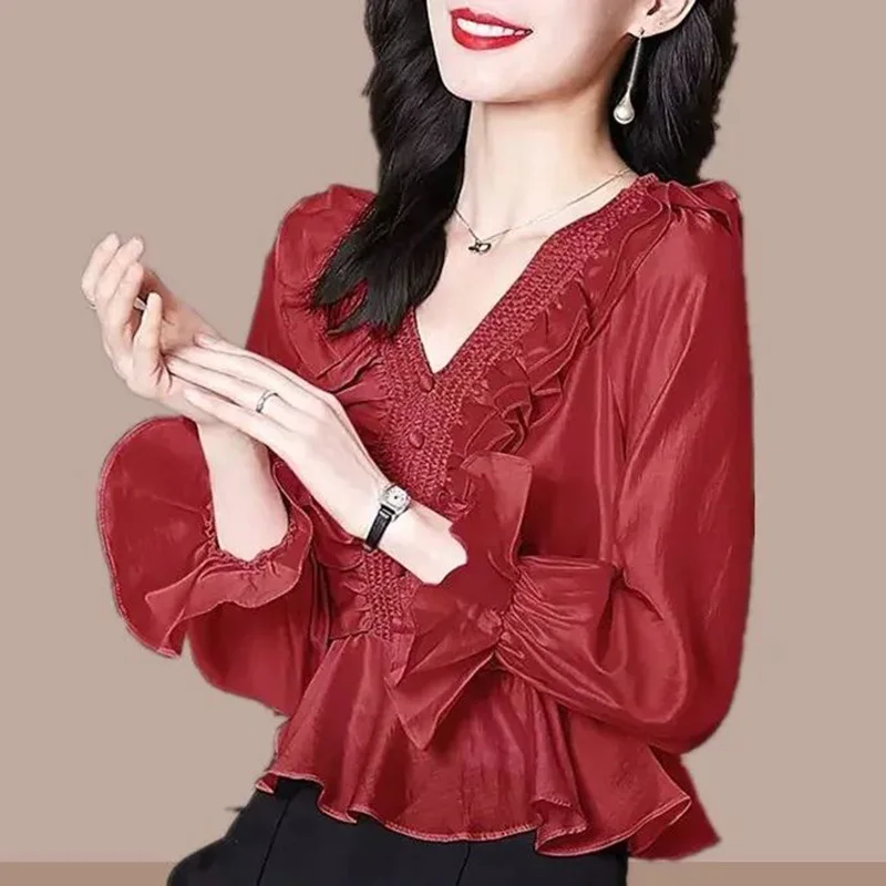 

Elegant Solid Color Spliced Folds Ruffles Blouse Women's Clothin 2023 Autumn New Casual Pullovers Office Lady Flare Sleeve Shirt