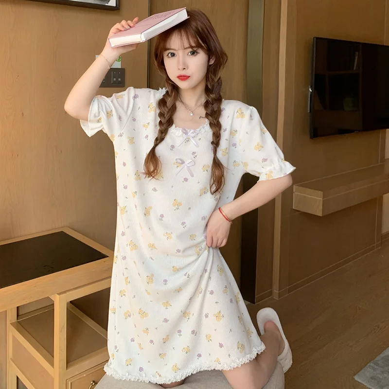 

Women Summer New Elegant Print Nightgowns Nightclothes Soft Comfortable Cotton Sleepdress Lady Loose Casual Nightdress Negligee