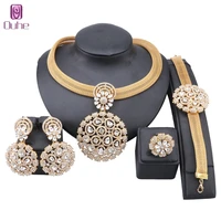 women bridal dubai gold color crystal full rhinestone necklace bracelet earrings ring party fashion jewelry sets