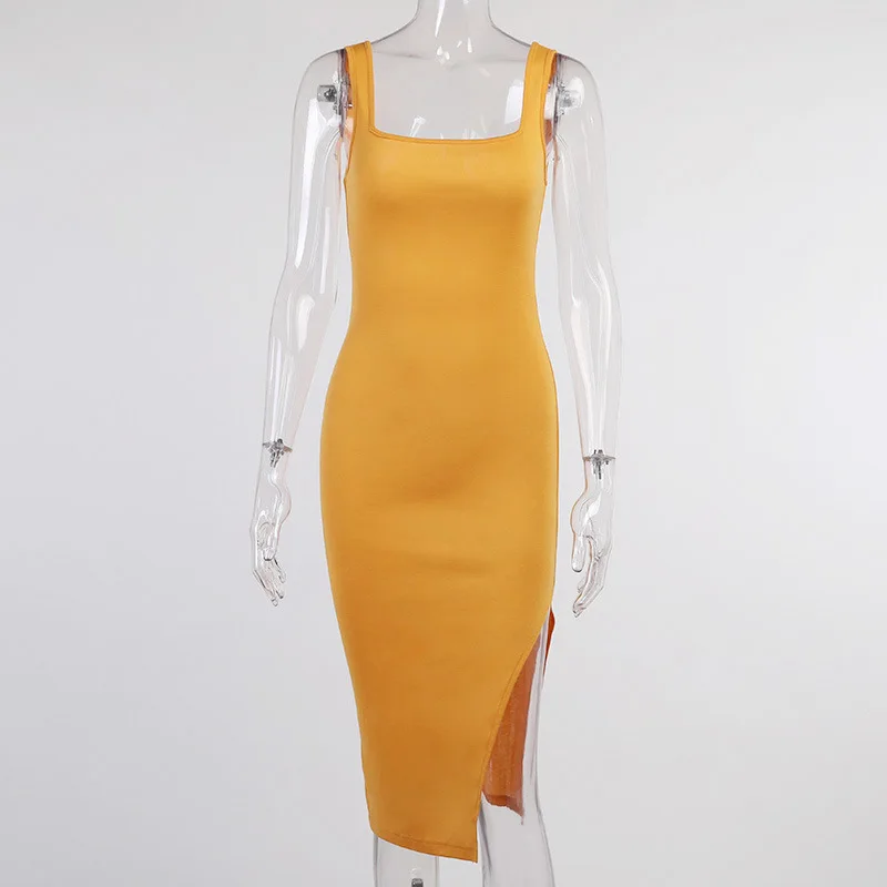 

2022 summer square neck wide shoulder belt vest split long dress