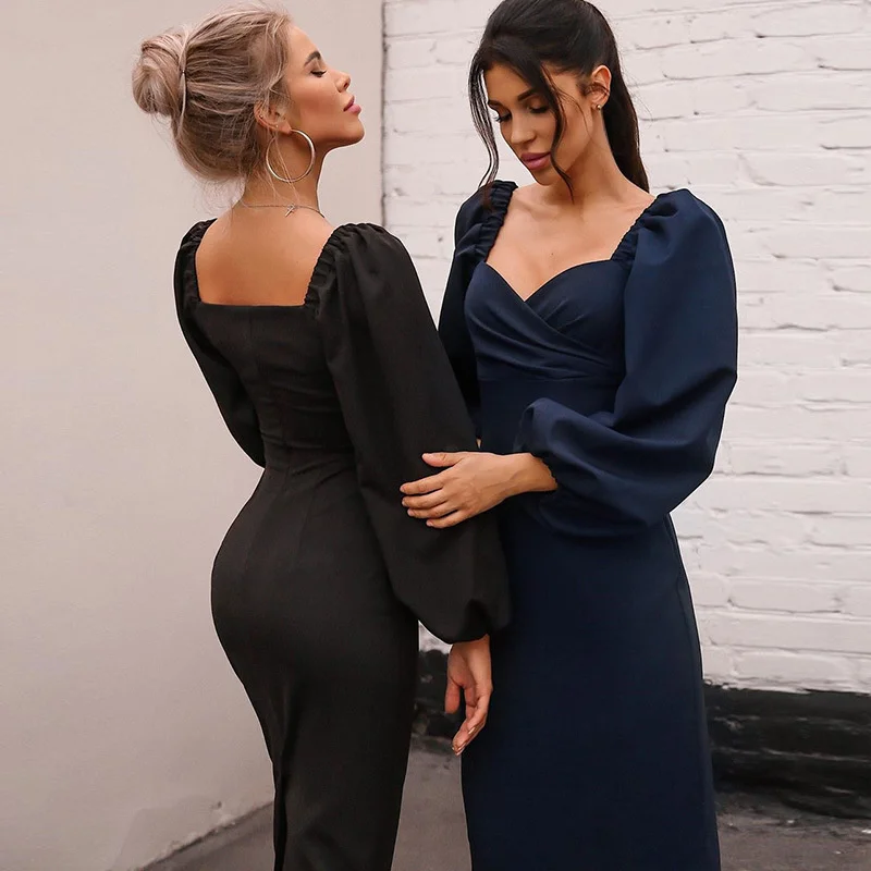 

Vintage solid dress women's Puff Sleeve sexy calf dress women's dress evening party nightclub slim 2021