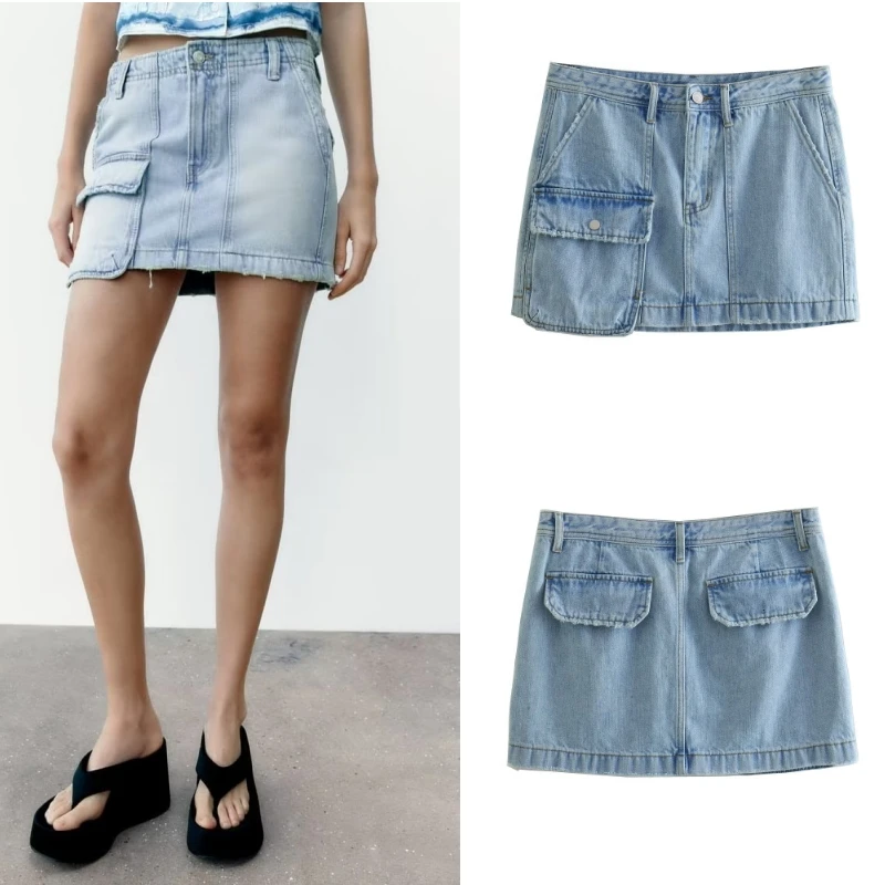 

Летняя новая женская одежда, повседневная универсальная модная американская ретро мини-юбка с высокой талией, трапециевидная джинсовая сумка, юбка на бедрах