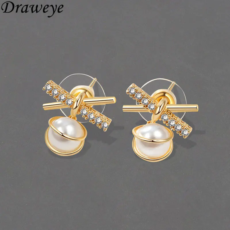 

Draweye Pearls Earrings for Women Cross Korean Fashion Sweet Office Lady Elegant Simple Jewelry Shiny Light Luxury Pendientes
