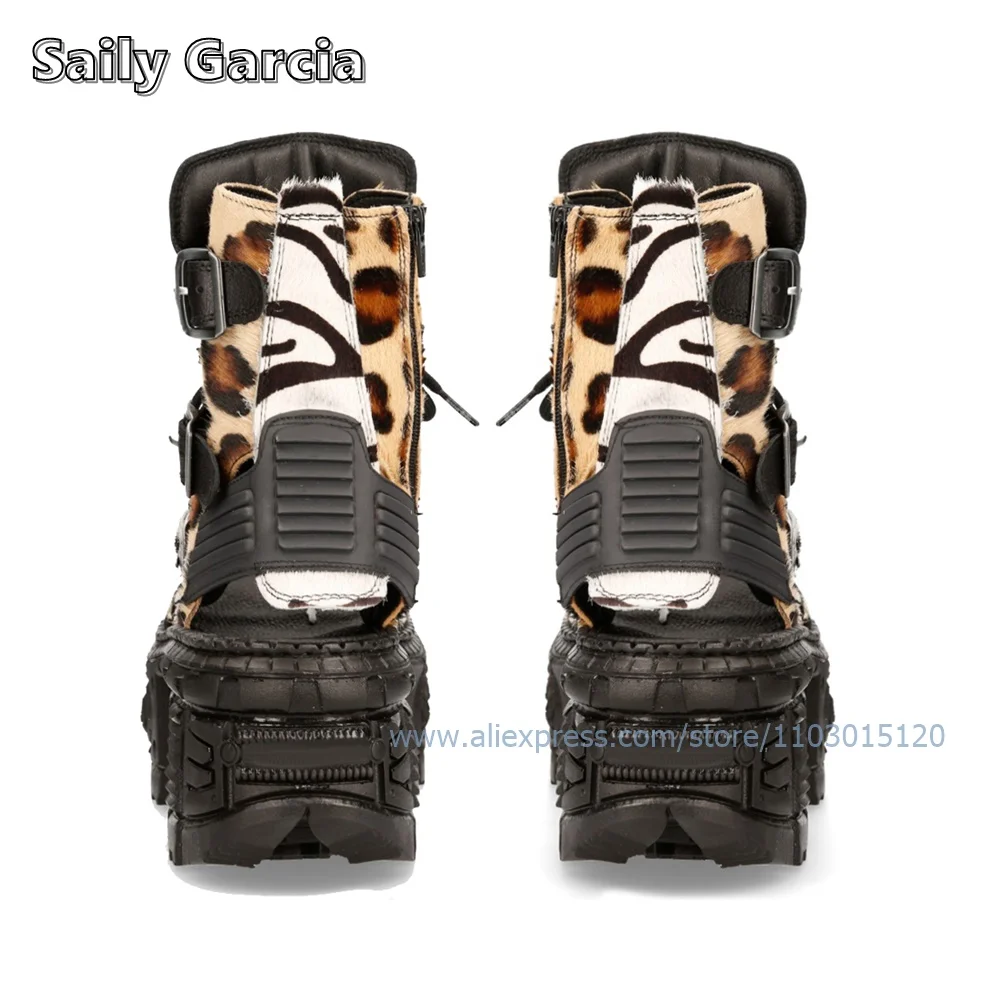 Сандалии Leopord до середины икры на толстой подошве ботинки с открытым носком