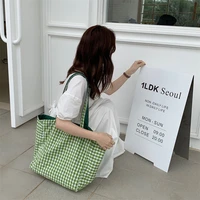 new 2022 korean simple lattice double sided shoulder bag high capacity student book shopping handbag cotton fabric bags