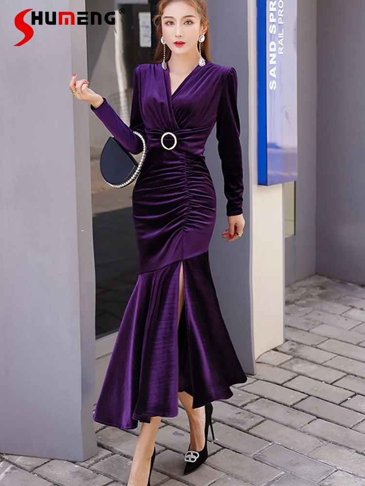 

2022 Spring New High-End Long Sleeve Pullover Draping Fishtail Dress Female Thick High Waist Velvet Slim-Fit Mid-Length Dresses