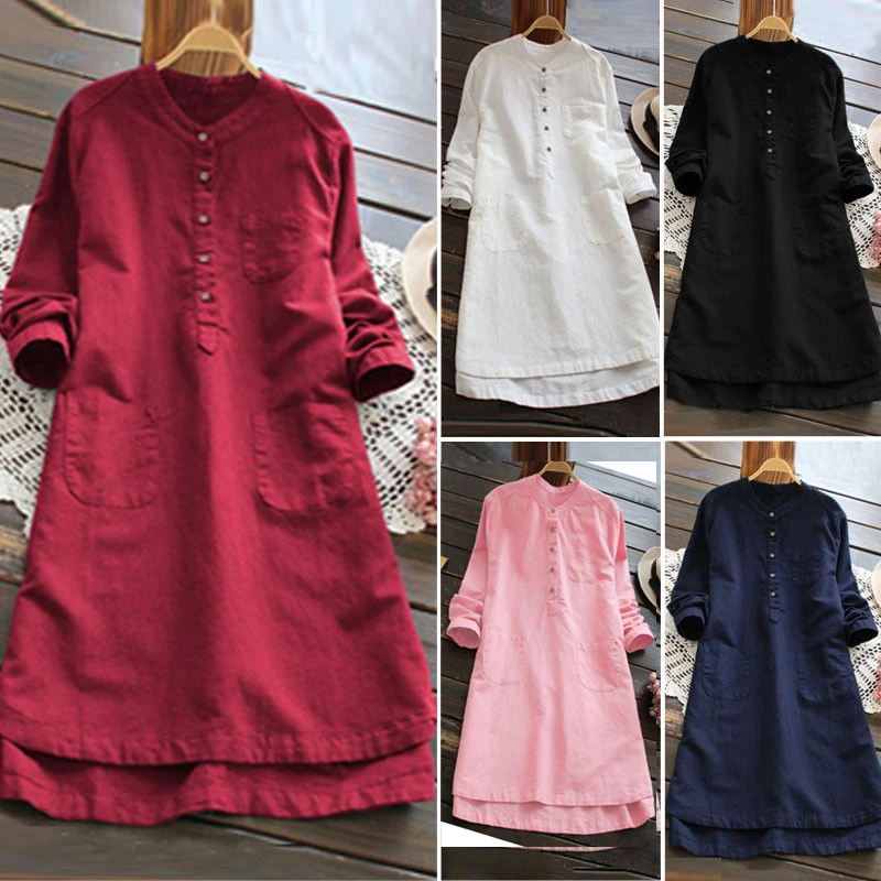 

Kayotuas Women Dress Long Oversize Asymmetrical Tops Long O-Neck Cotton Solid Holiday 3XL A-Line Streetwear