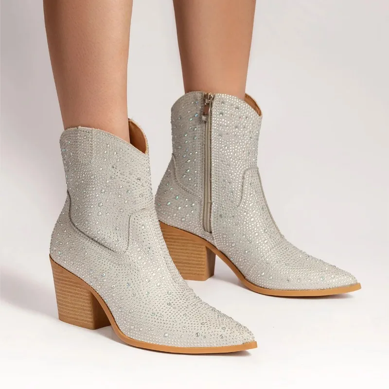 

Women Ankle Boots 2024 New Hot Sale Fashion Western Cowboy Boots Side Zipper Glitter Bling Shiny Trend High Heels Botas De Mujer
