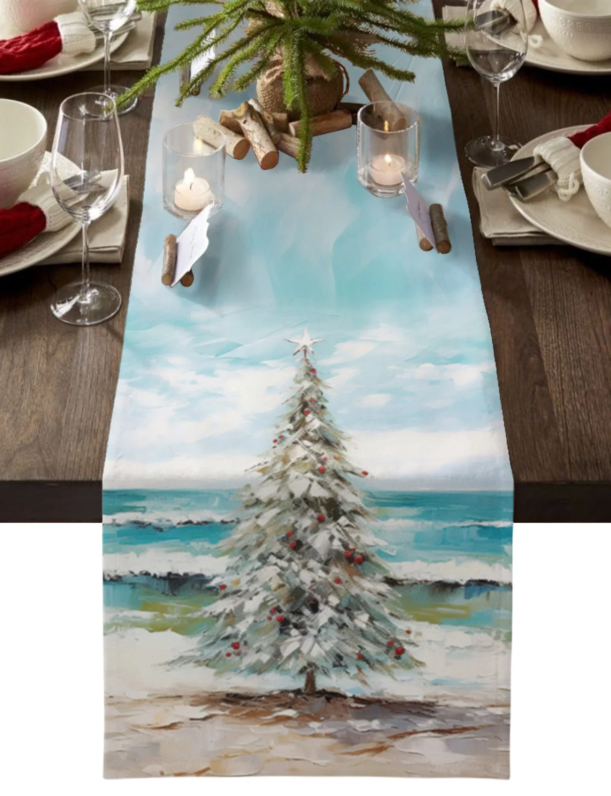 

Beach Christmas Tree Oil Painting Table Runner Christmas Dining Table Decor Linen Table Runners Wedding Decor Table Cloth