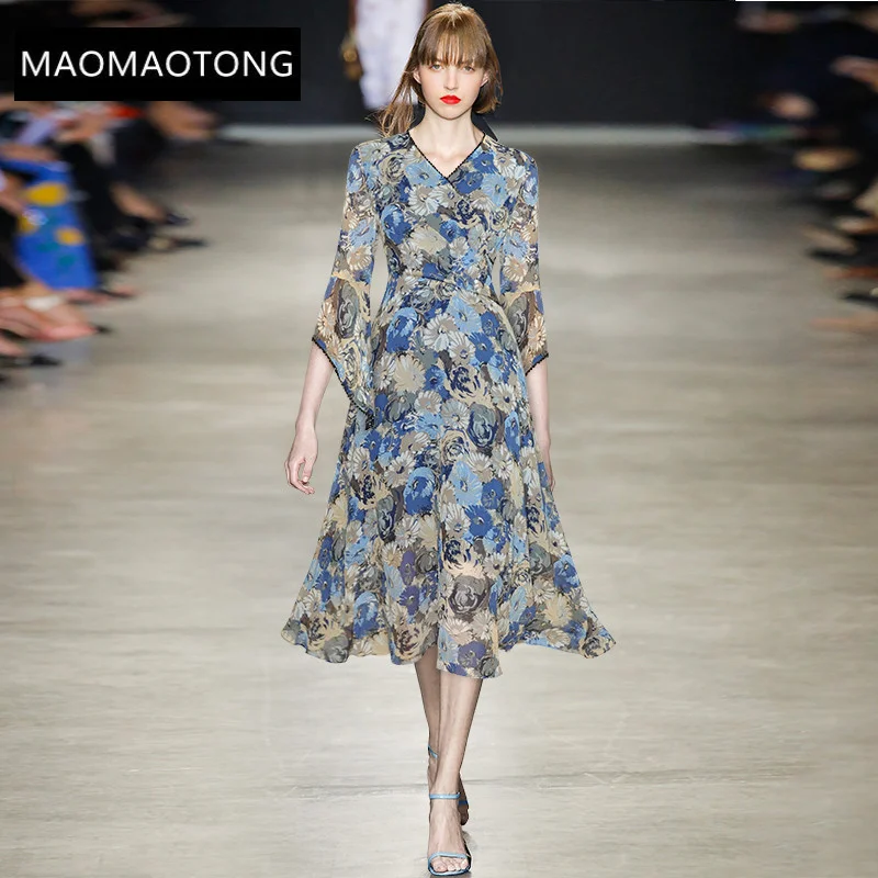 

Fashion Designer dress Summer Women's Dress V-neck Beads Sleeve Floral Chiffon Vacation Party Dresses