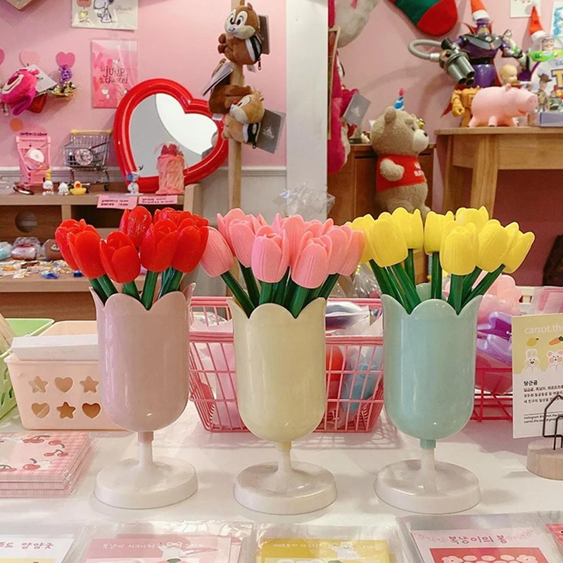 

INS Tulips Storage Bucket Pen Holder Plastic Storage Tank Cup Makeup Brush Holder Desktop Storage Organizer Students Stationery