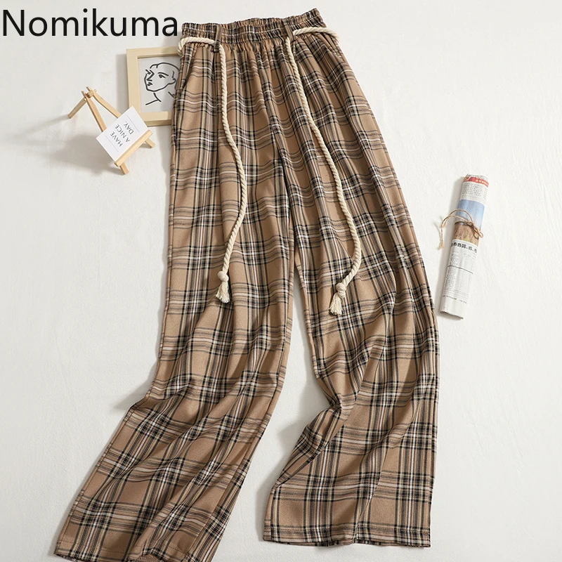 

Брюки Nomikuma женские с высокой талией, клетчатые брюки с широкими штанинами, винтажные темпераментные модные штаны для женщин, весна-осень