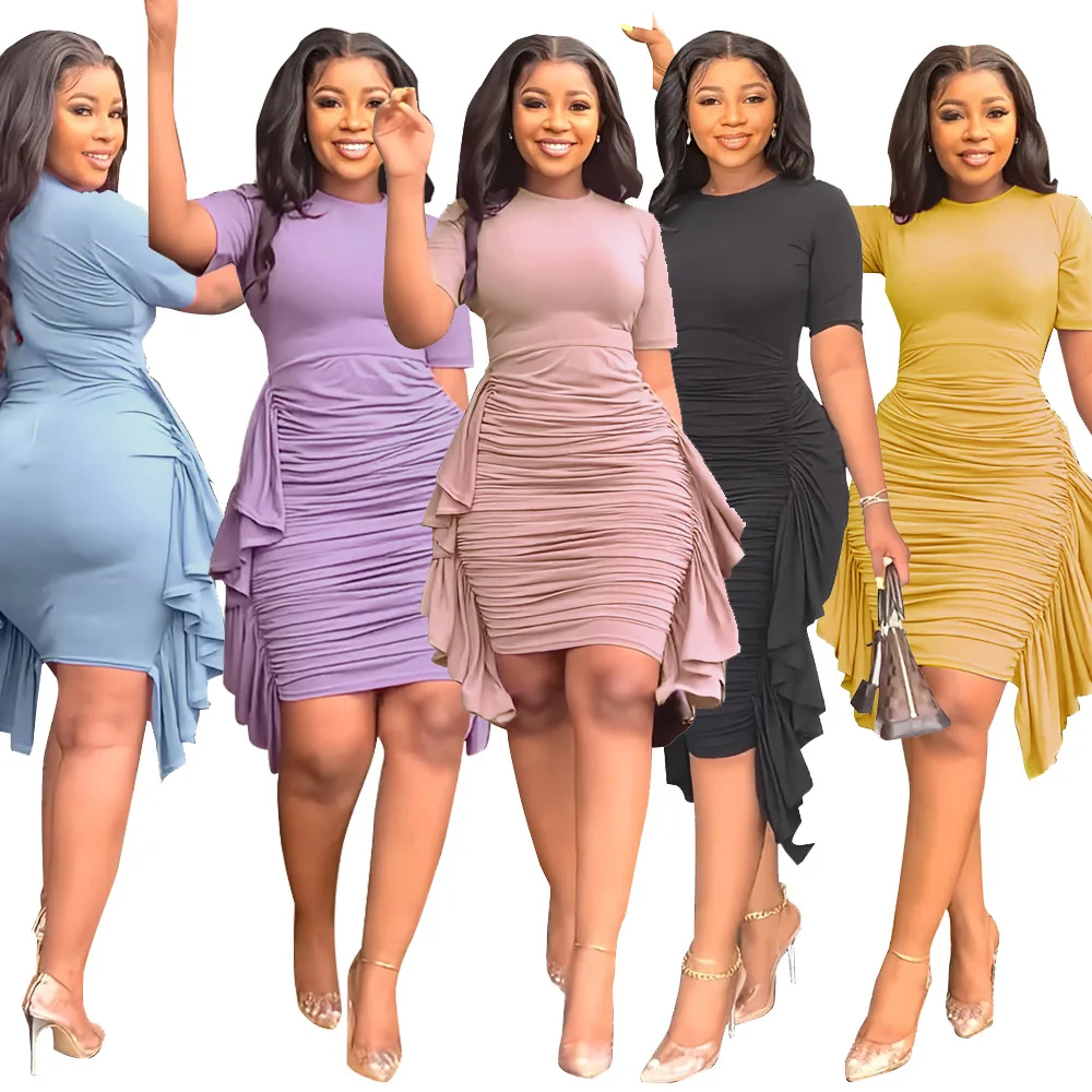 

Fashion New Frocks for Women Sexy Dresses for Women 2022 Summer Casual Solid Womens Ruffle Slim Pleated Dress