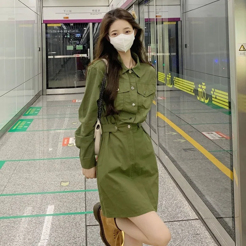 

2023 весеннее Стильное повседневное платье, модная однотонная Рабочая длинная рубашка с воротником, женская модная повседневная простая Базовая женская одежда