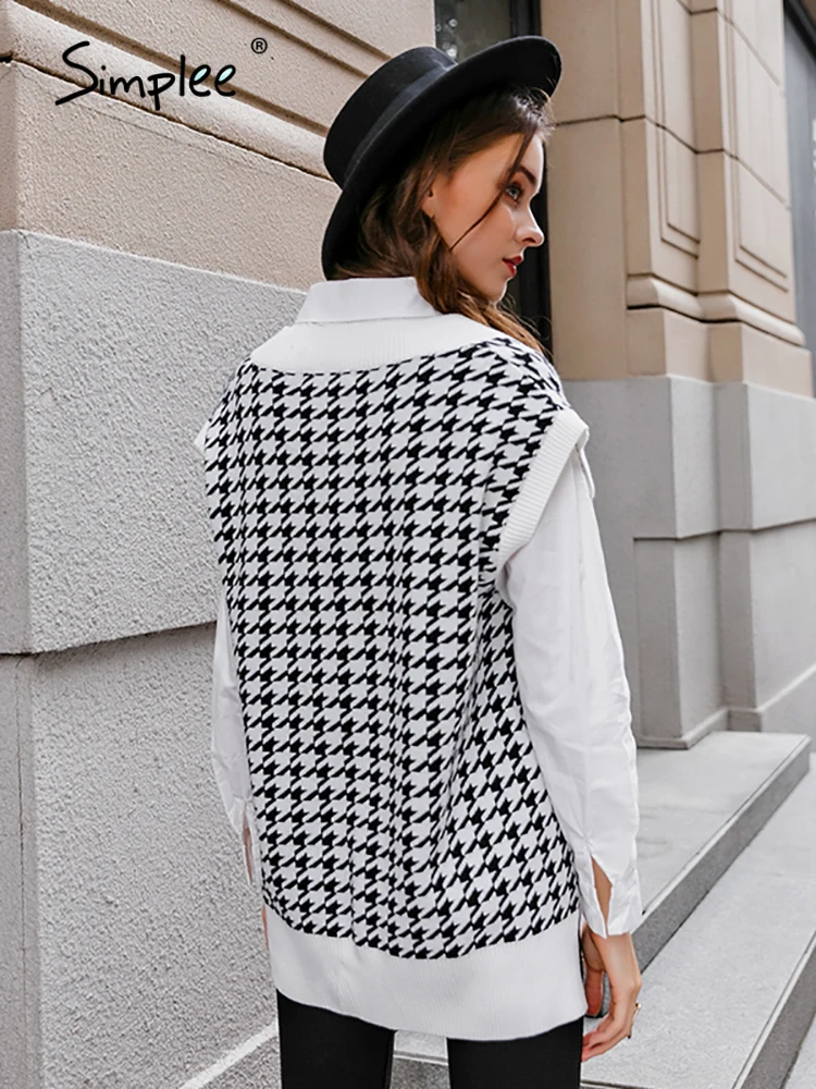 Simplee Houndstooth knitted sweater vest women V neck sleeveless oversized pullover vintage Fall winter female waistcoat | Женская