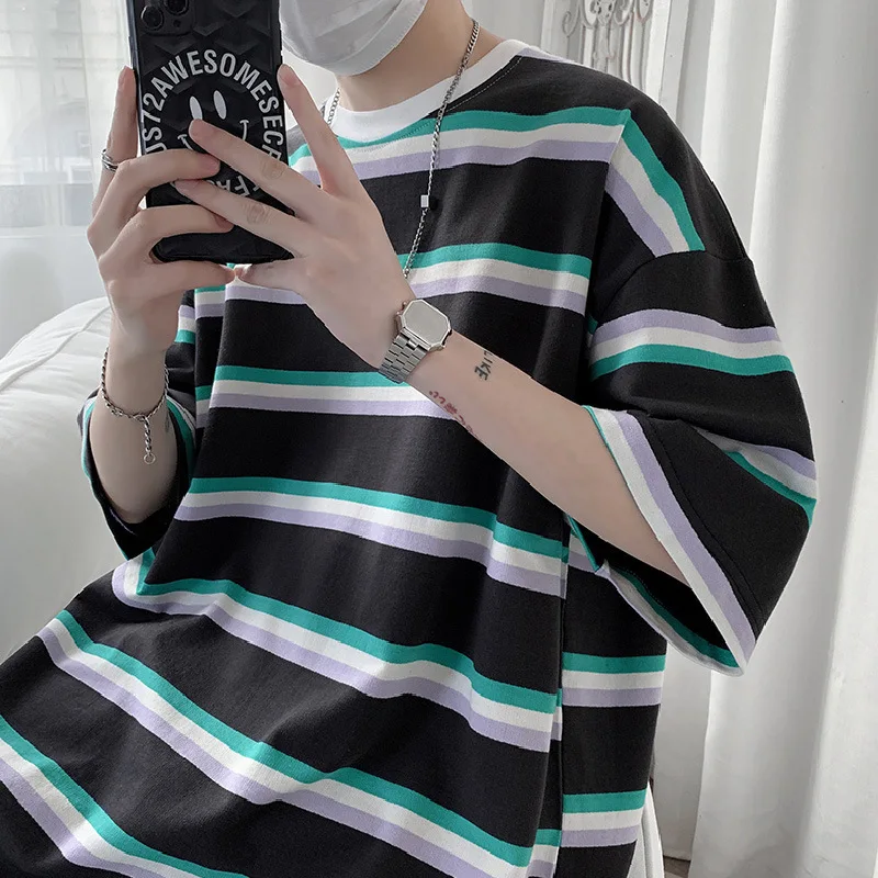 

striped short sleeve T-shirt in summer Men's loose casual Joker half sleeve Korean trend five-point sleeve round neck T-shirt
