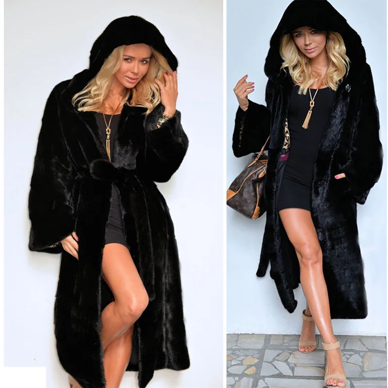 2022 New Fashion Women Casual Fur Coat Long Sleeve Solid Color Loose Hooded Collar Mid-length With Belt Western Style Lady Coat