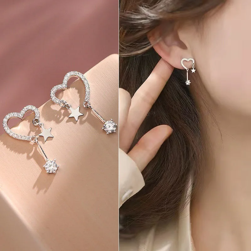 

New Movable Earrings Love Asymmetric Five Pointed Star Earrings Women's Cute Exquisite Small Girl Lovers Jewelry Heart Earrings