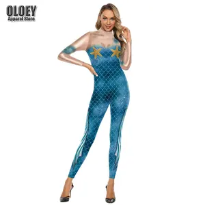 Blue Fish Scales Mermaid 3D Printed Jumpsuit Adult Party Role Play Halloween Cosplay Costumes Women Tight Bodycon Slim Bodysuit