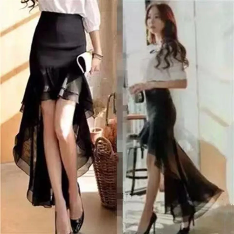 

In 2022 Mid-Length Fishtail Skirt With Slit Wrap Skirt For Women With Western Style And Slim Figure High-Waisted Chiffon Floun