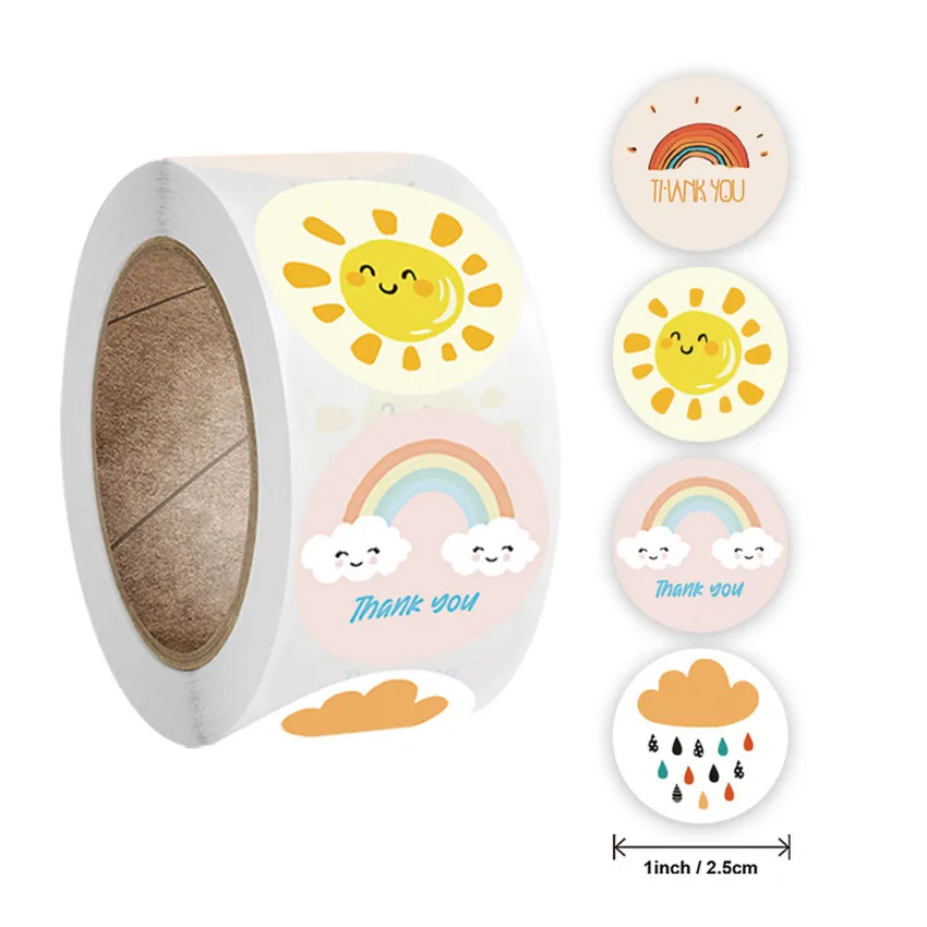 

500Pcs/2.5cm Cute Sun Rainbow Clouds Label Sticker Thank You Stickers For Handmade Gift Decor Sealing Labels Kids Reward Sticker
