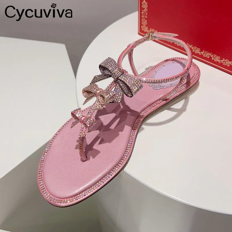 Дизайнерские новые сандалии на плоской подошве с бантом и кристаллами для женщин