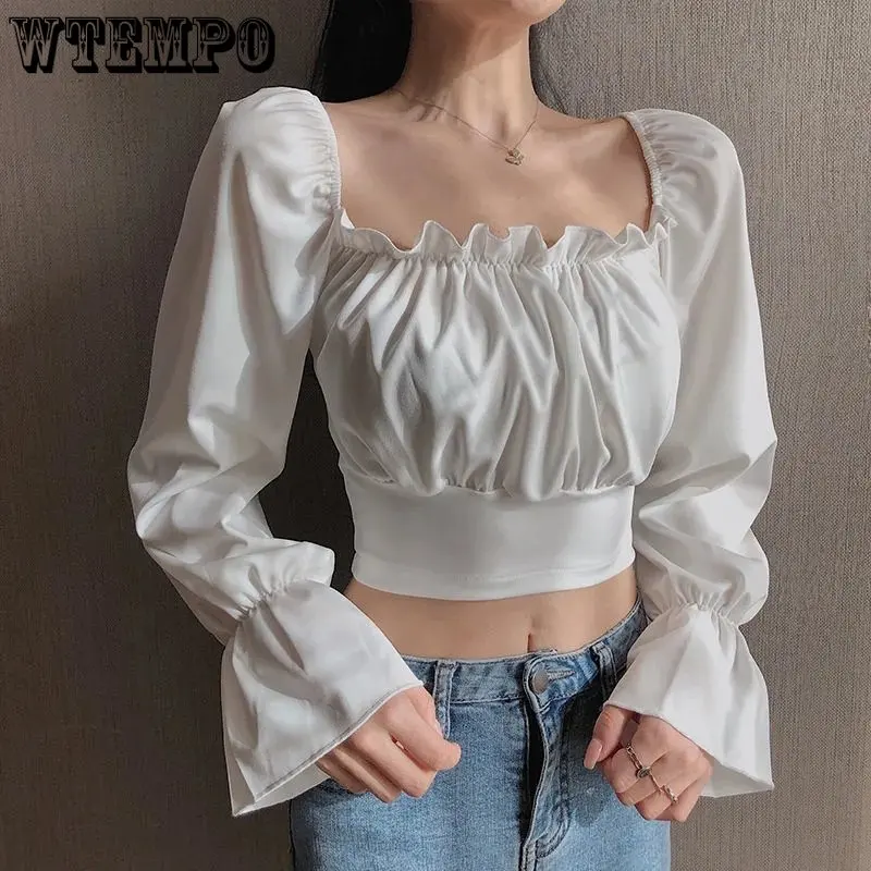 

WTEMPO Women Black White Long Puff Sleeve Sexy Slim Cropped Tops Summer New Arrivals Square Collar Chiffon Elegant Ins Blouses