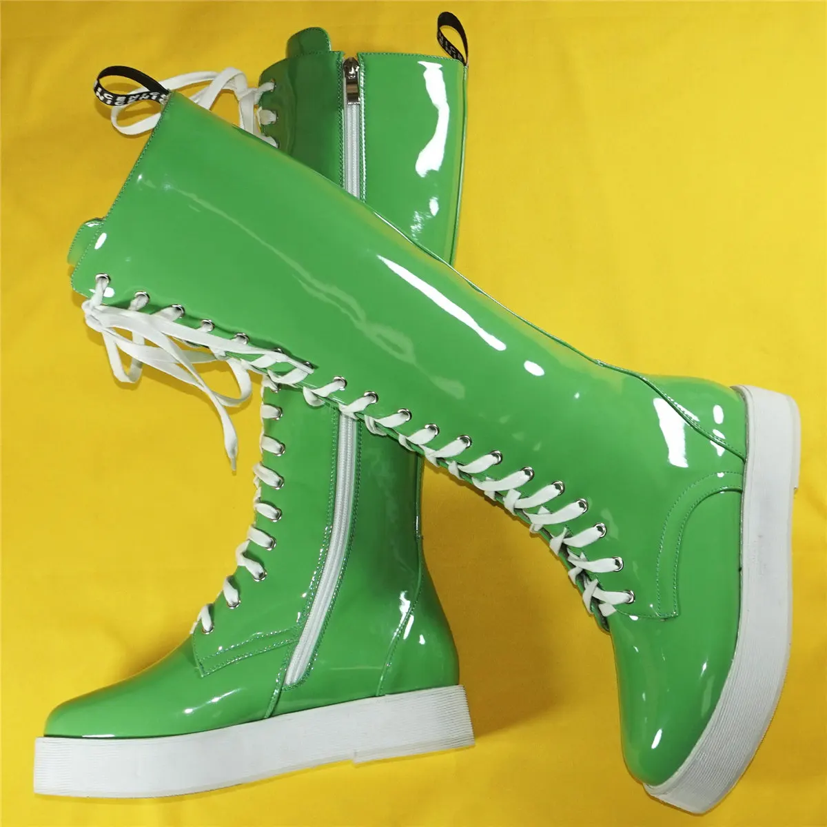 Green Platform Pumps Shoes Women Lace Up Patent Leather Knee High Boots Female Winter Round Toe Fashion Sneakers Casual Shoes