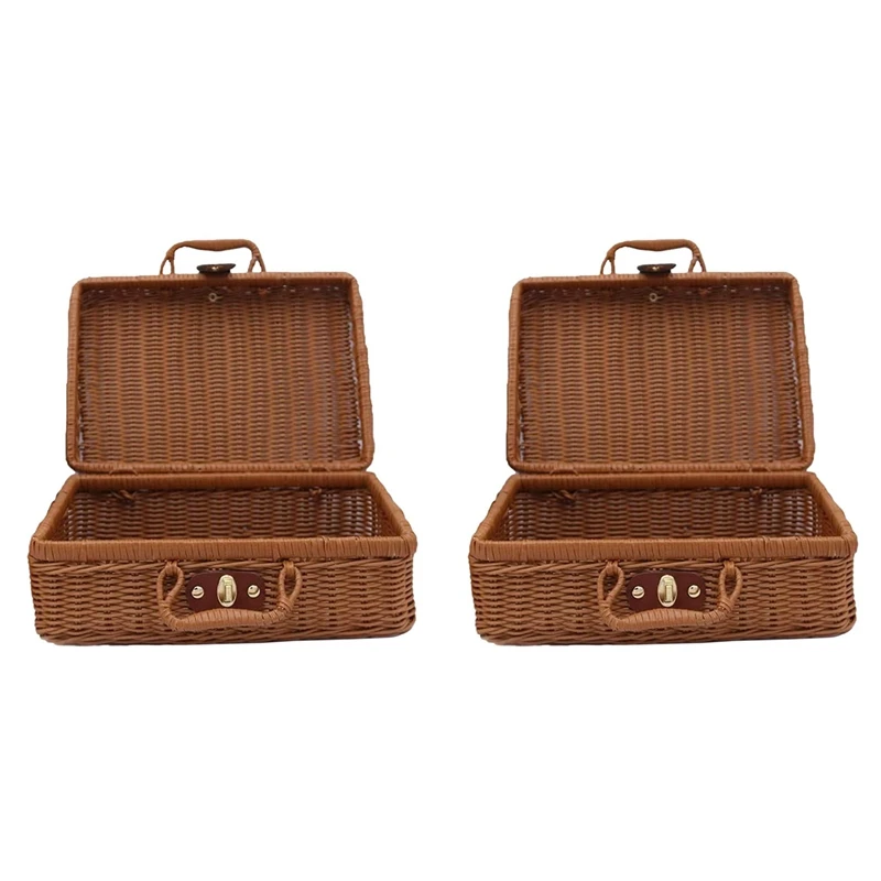 

2X Picnic Basket,Woven Wicker Vintage Suitcase Woven Storage Basket Rattan Storage Case Picnic Weave Laundry Basket B