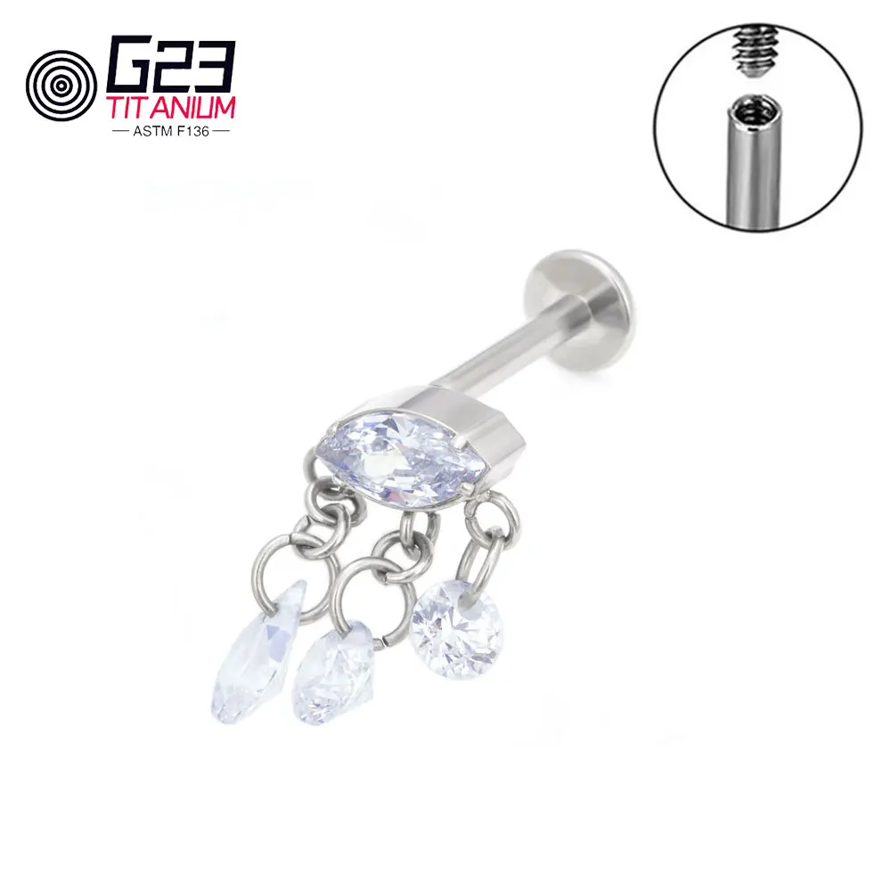 

G23 ASTM F136 Implant Grade Titanium Helix Cartilage Tragus Stud with Chain Earring Labret Internal Threaded Flat Body Piercing