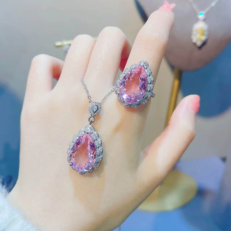 Gota de Água Conjunto de Jóias Anéis de Casamento Colar para Presente de Festa de Noiva Laboratório Rosa Diamante Prata Esterlina Noivado Feminino 925
