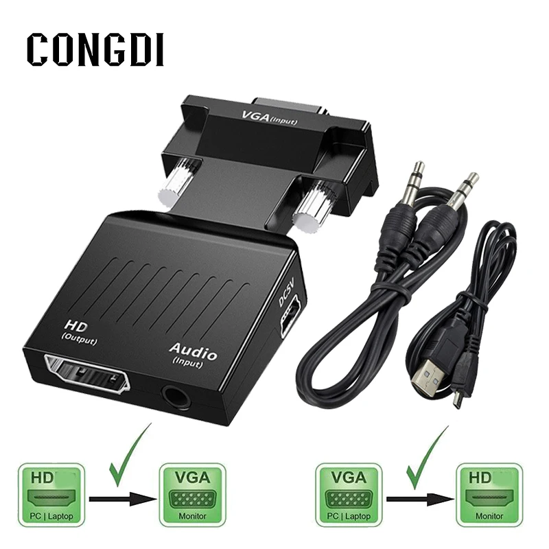 VGA To HDMI-compatible Converter Adapter HDMI-compatible To VGA Video Adapter With 3.5mm Audio Cable For HDTV Projector Monitor