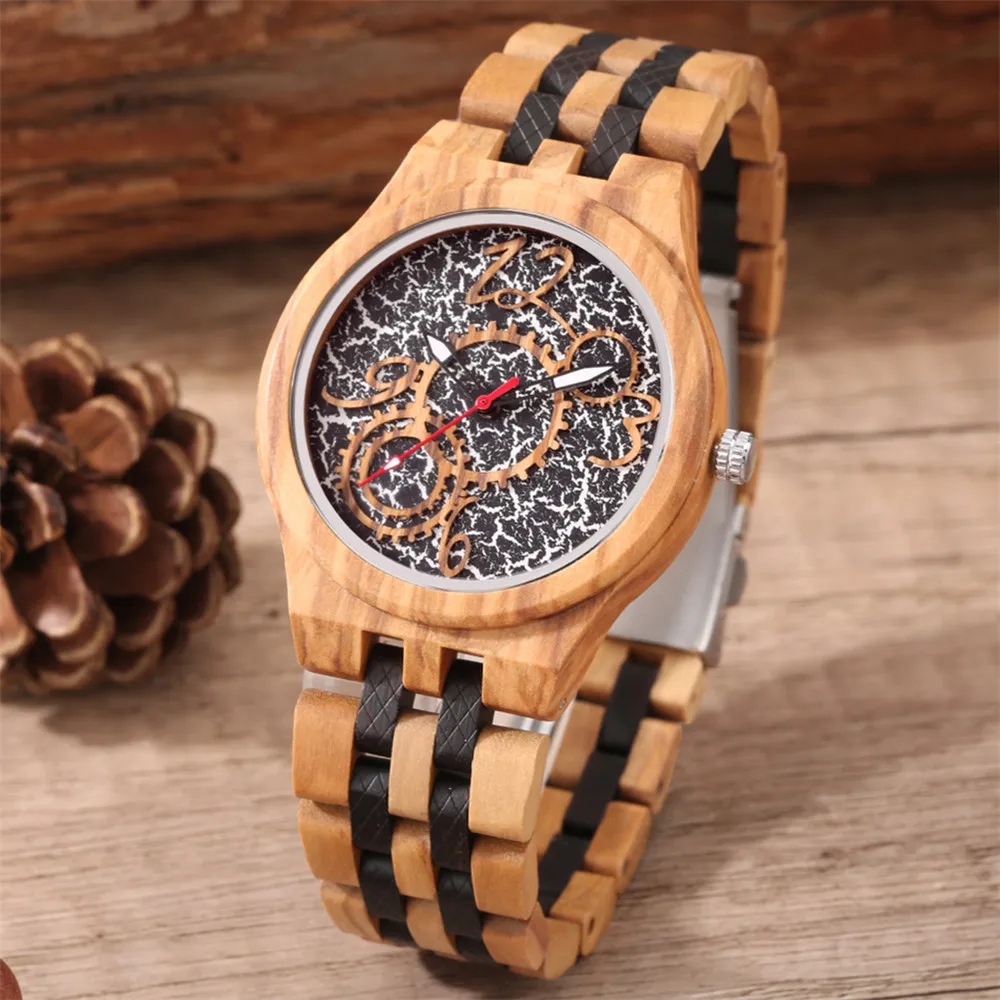 

Olive Wood Mixed Ebony Men's Quartz Wristwatch Unique Arabic Numerals Display Male 3 Beads Wooden Bangle Timepiece Folding Clasp