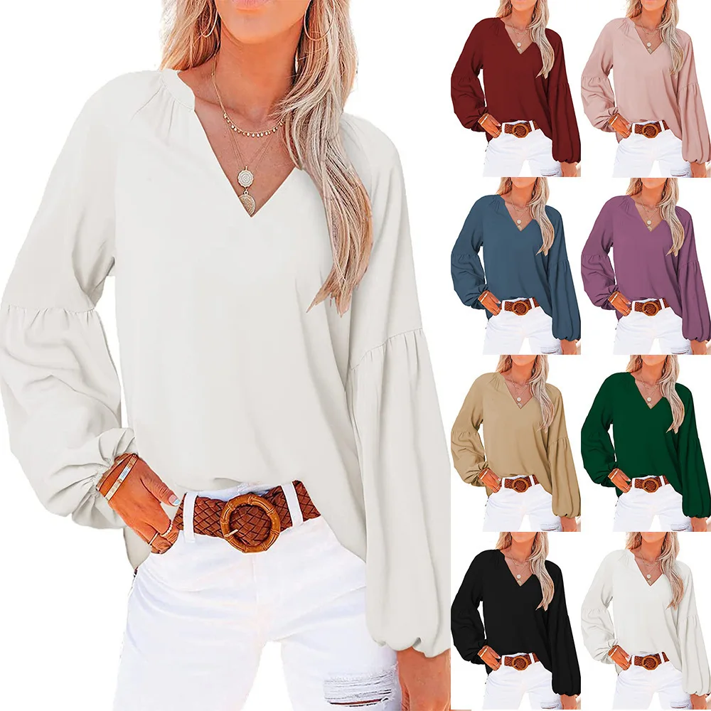 

Lantern Sleeve Loose Long Sleeve V-Neck T-Shirt Top 2022 Autumn/Winter