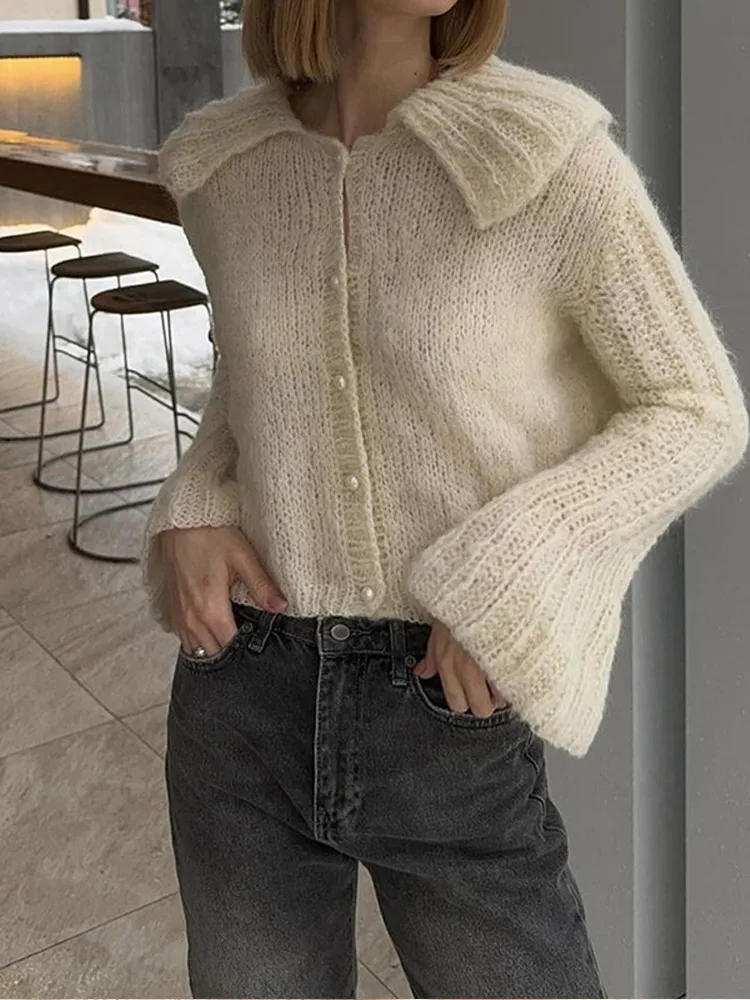 Женский модный вязаный кардиган с кукольным воротником однотонный короткий