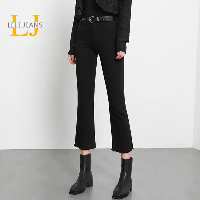

LEIJIJEANS 2022 Autumn Ankle 6XL 100kg Fashion Vintage Black High Waist Capri 175CMS Length Flared Women Stretchy Jean For Woman