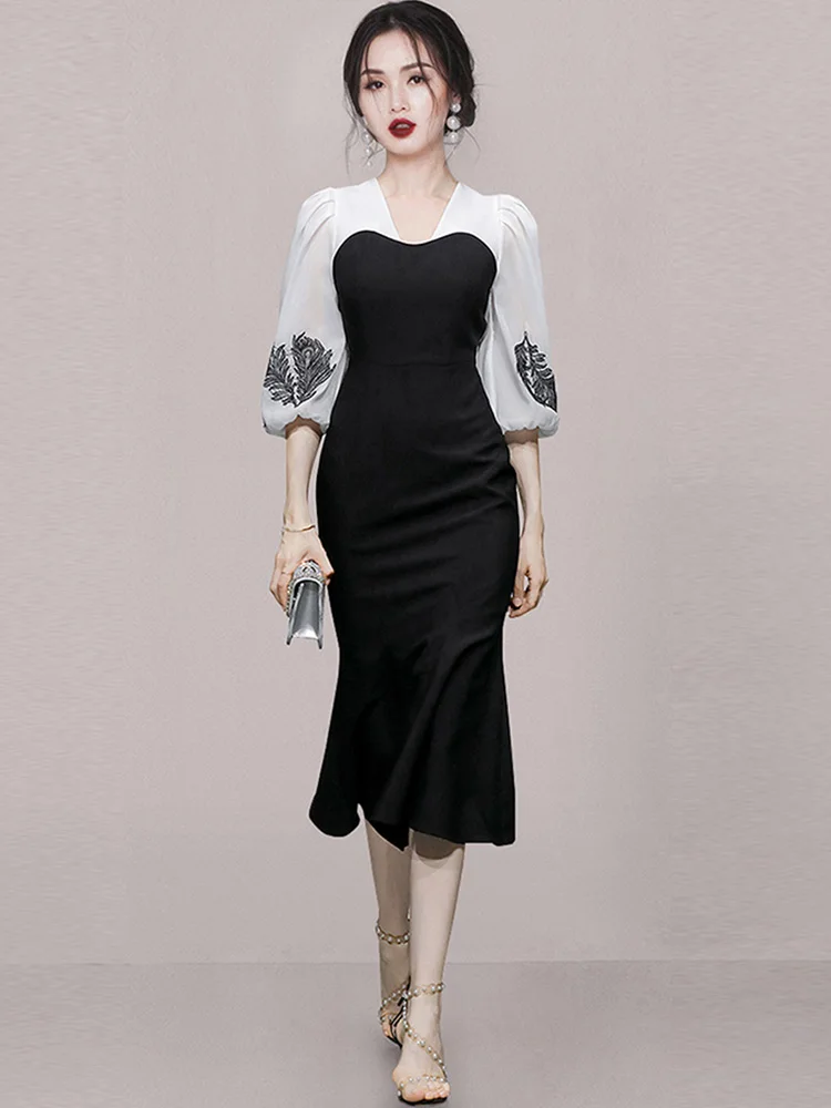 Элегантное Черное офисное платье осень 2024 белое винтажное с V-образным вырезом