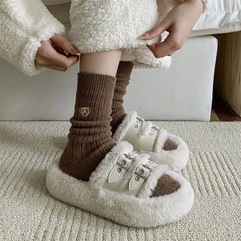 5 Pairs Women's Warm Socks Winter New In Casual Kawaii Cartoon Bear Embroidery Cute Socks For Women Solid Color Home Thick Comfy