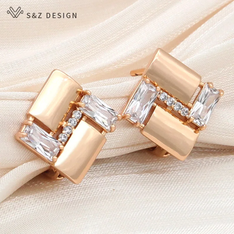 

S&Z DESIGN New Fashion Rectangle Cubic Zirconia Metal Drop Earrings For Women Wedding Champagne Gold Color Eardrop Jewelry Gift