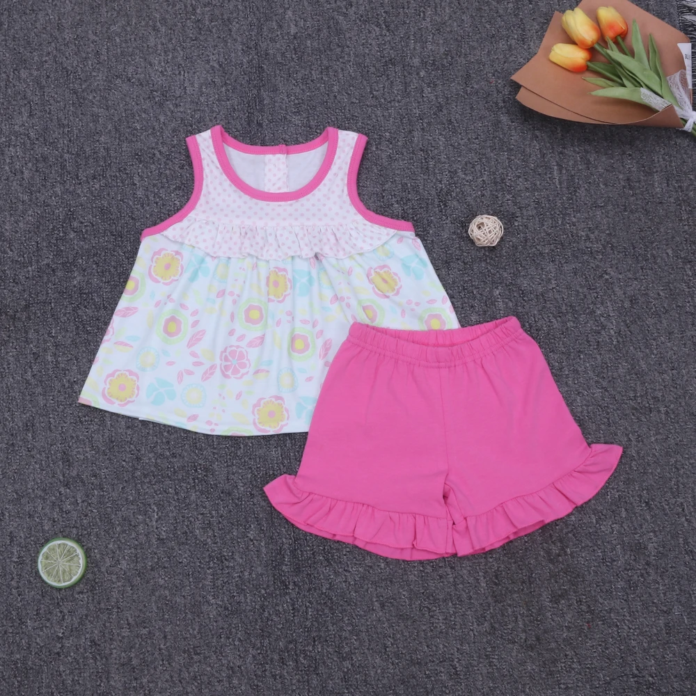 

Baby New Kids Cotton Sleeveless Pink Polka Dot T-shirt Set Round Neck Lemon Print Girl Top Clothes And Shorts Suit