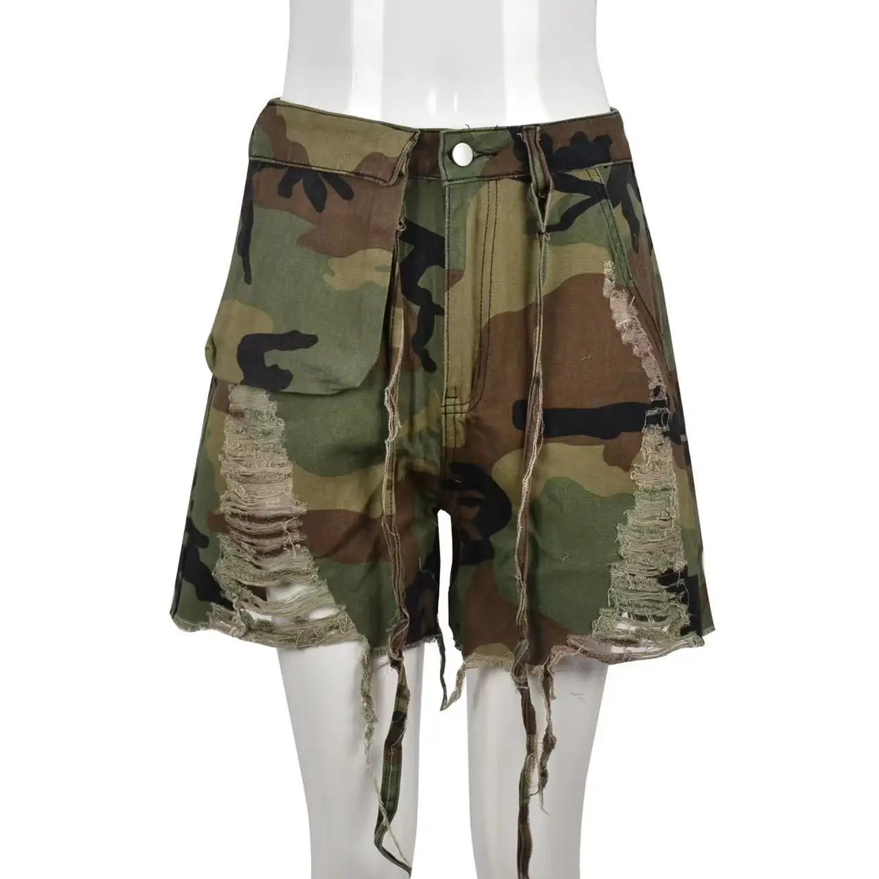 Summer Hight Waist Camouflage Shorts Fashion Tassel Hollow Out Jeans Pockets Short Pants Women Streetwear Loose Straight Shorts