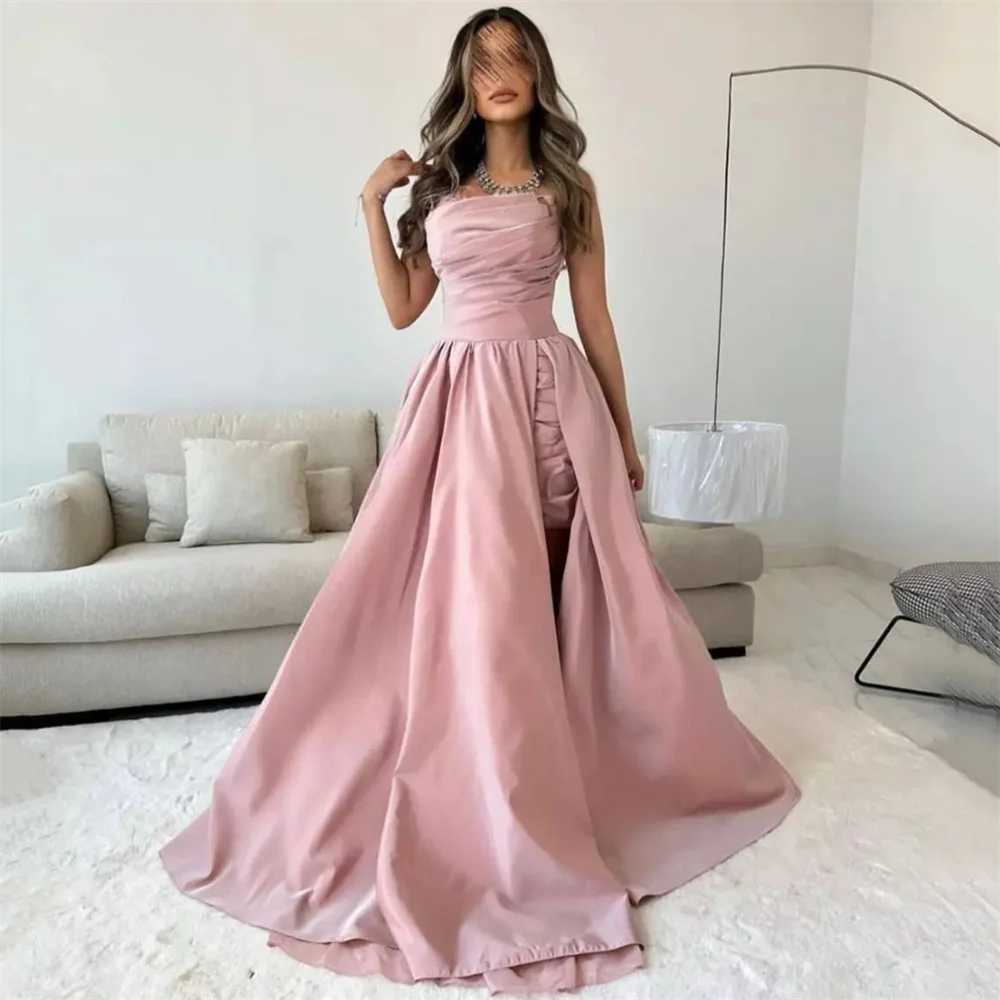 

GORGA Fashion Strapless Pleat Feathers Sleeveless A Line Long Evening Dress High Side Slit Floor Length Sweep Train Prom Gown